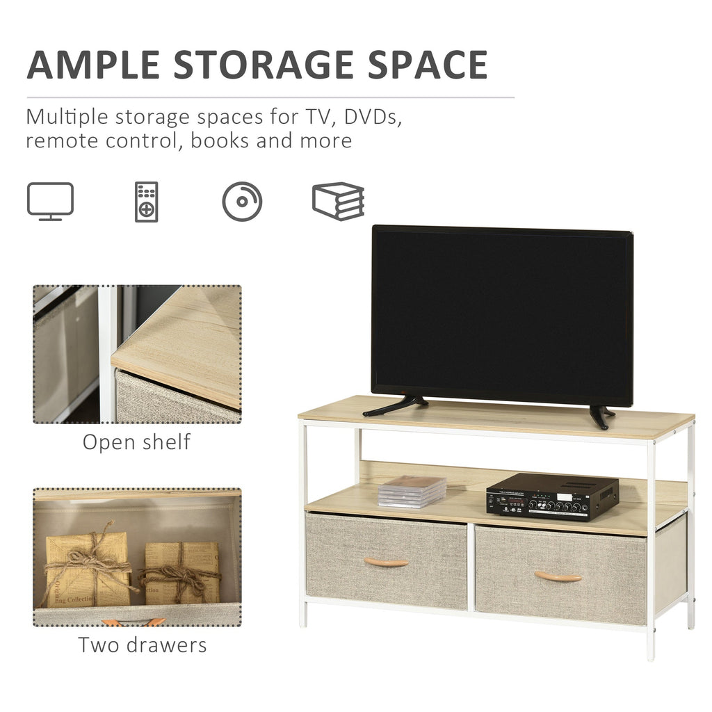TV cabinet with open shelf and two gray drawers, light wood top, white frame, ample storage