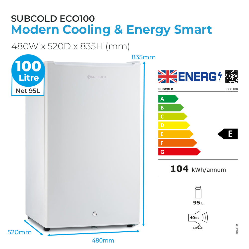 White under-counter LED fridge with front door and compact cabinet.