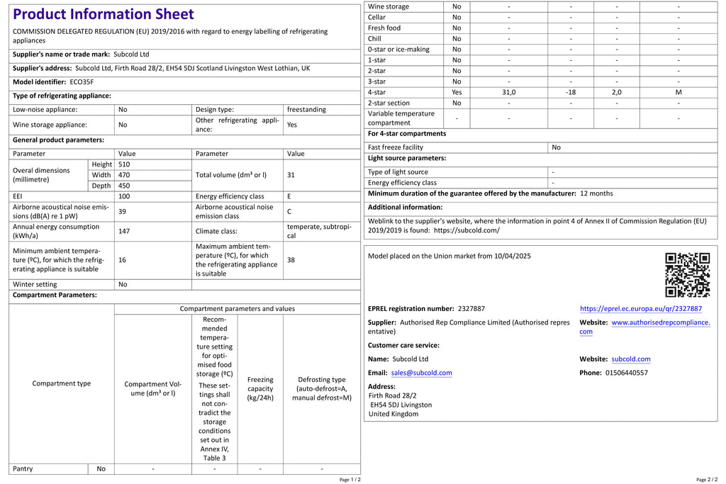 Subcold Eco35F mini freezer product information sheet with specifications table