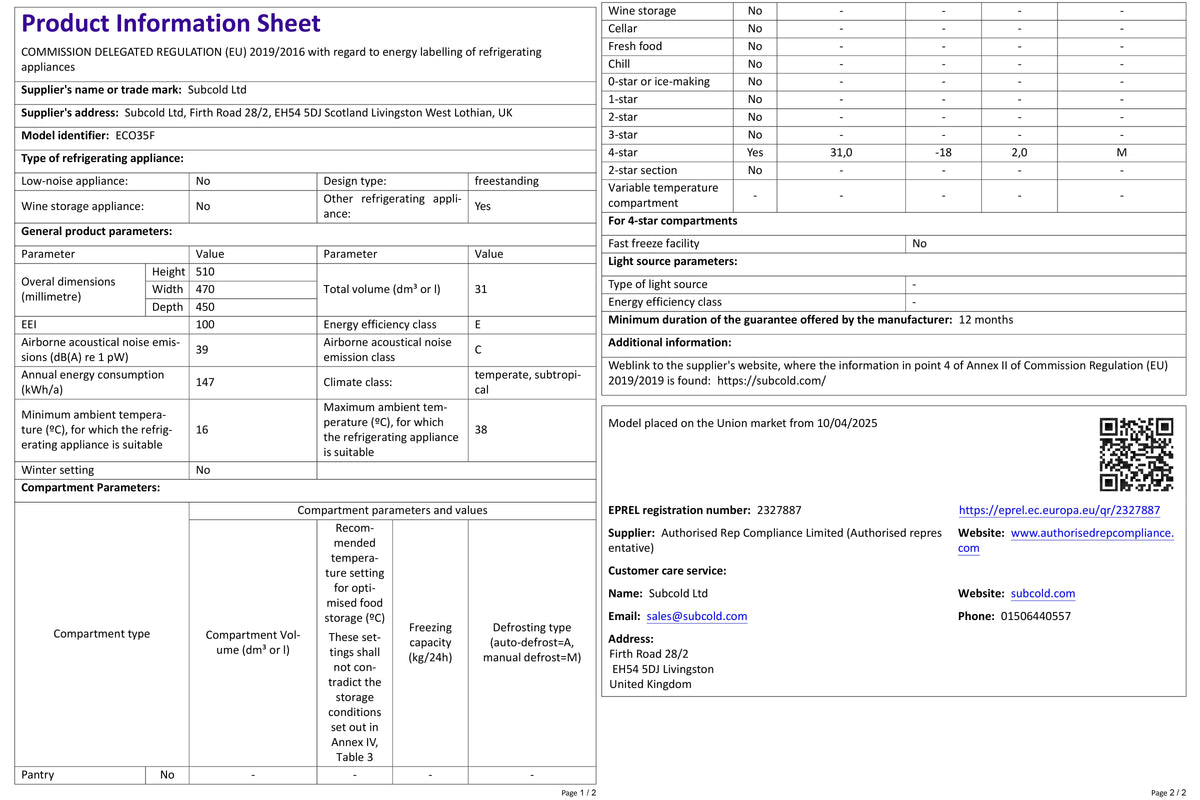 Subcold Eco35F mini freezer product information sheet with specifications table