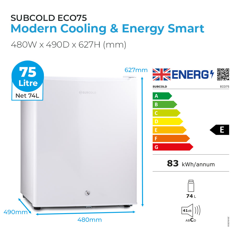 Eco75 table top mini fridge size diagram with dimensions and energy info