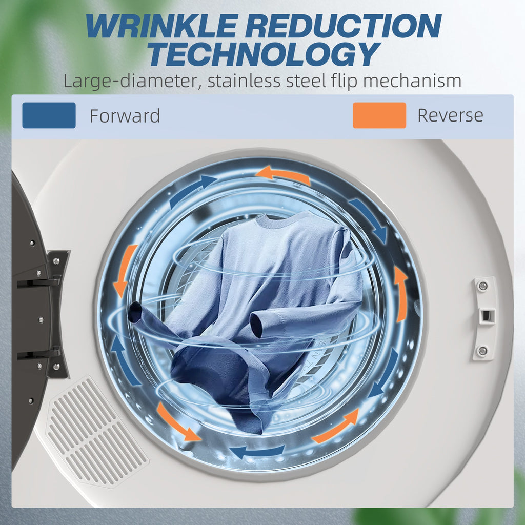 Front-loading vented tumble dryer showing stainless steel drum with rotating fabric motion