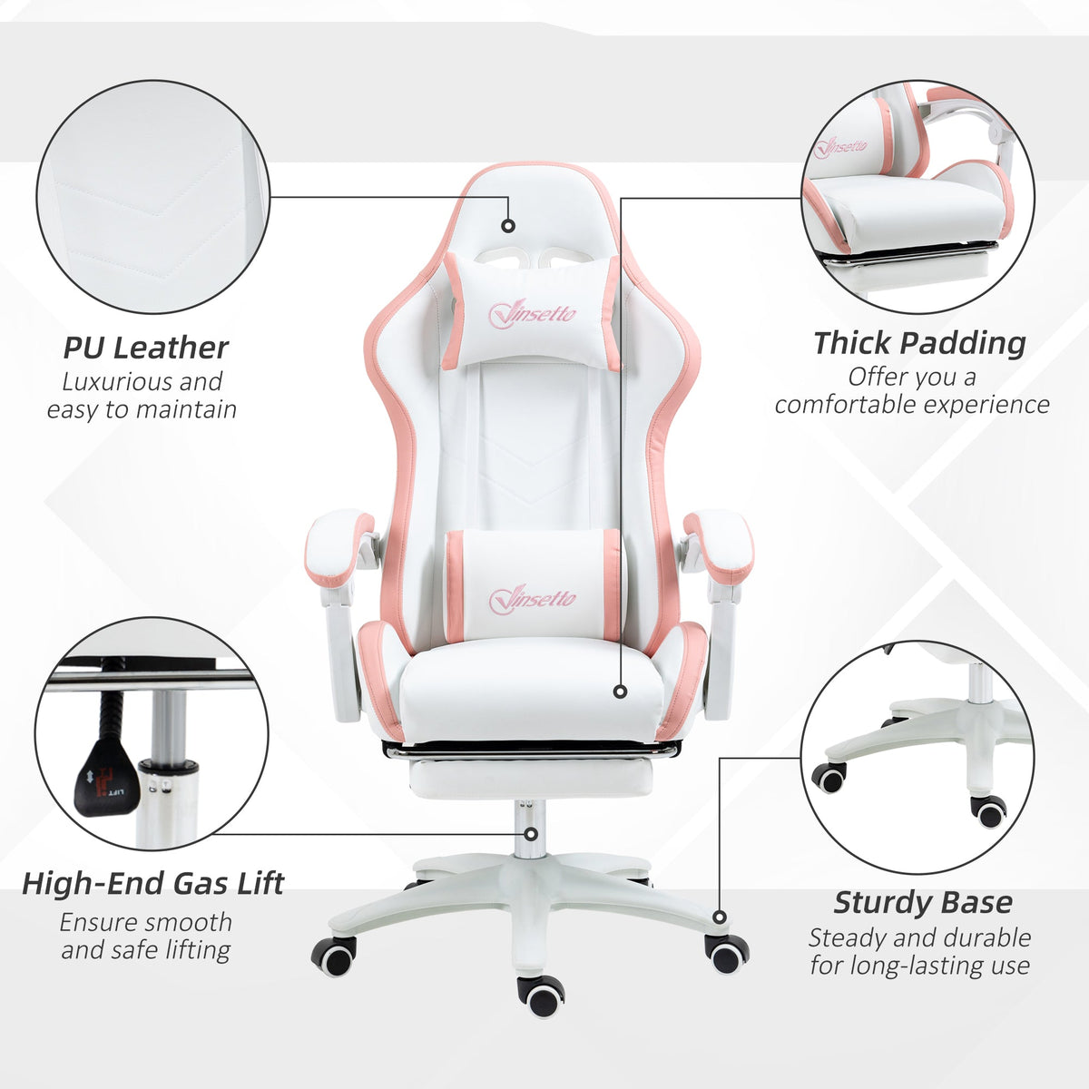 White and pink gaming chair with thick padding, PU leather upholstery, and sturdy base