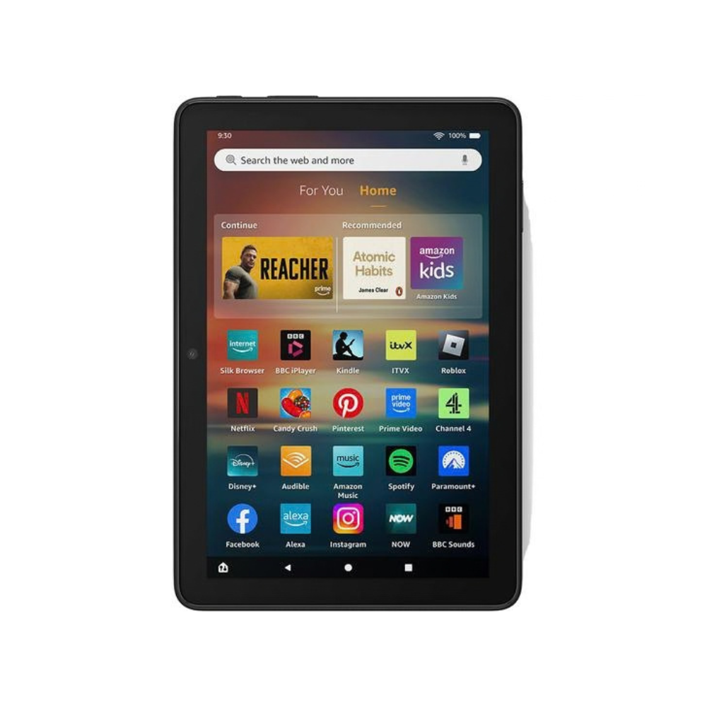 Black Fire HD 8 tablet with front touchscreen displaying app menu
