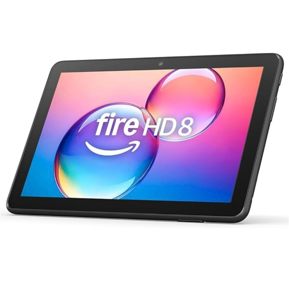 Fire HD 8 tablet with screen showing Fire HD 8 logo