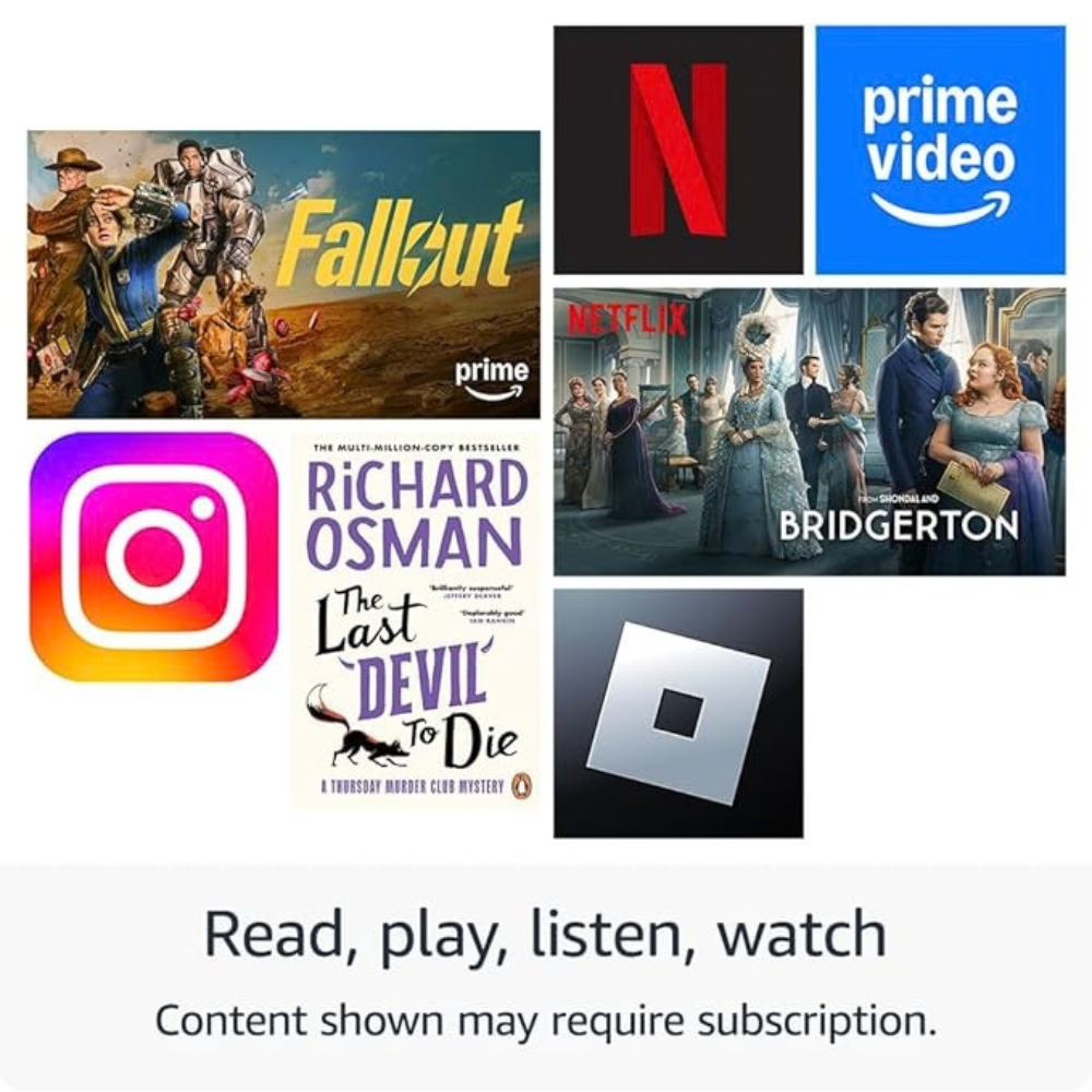Tablet screen with streaming app tiles and 'Read, play, listen, watch' text
