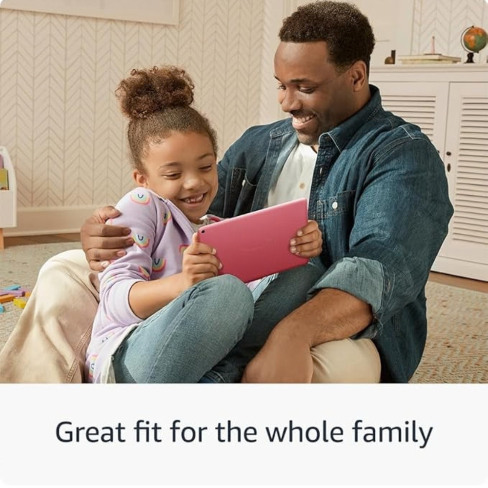 Family holding a tablet together; adult and child view pink tablet screen