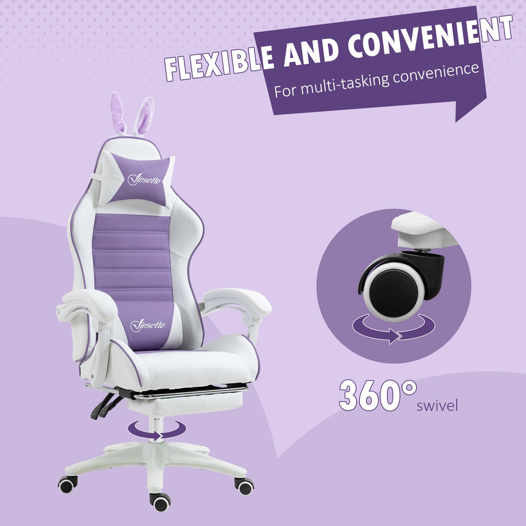 Purple and white racing gaming chair with 360 swivel base and rabbit-ear headrest.