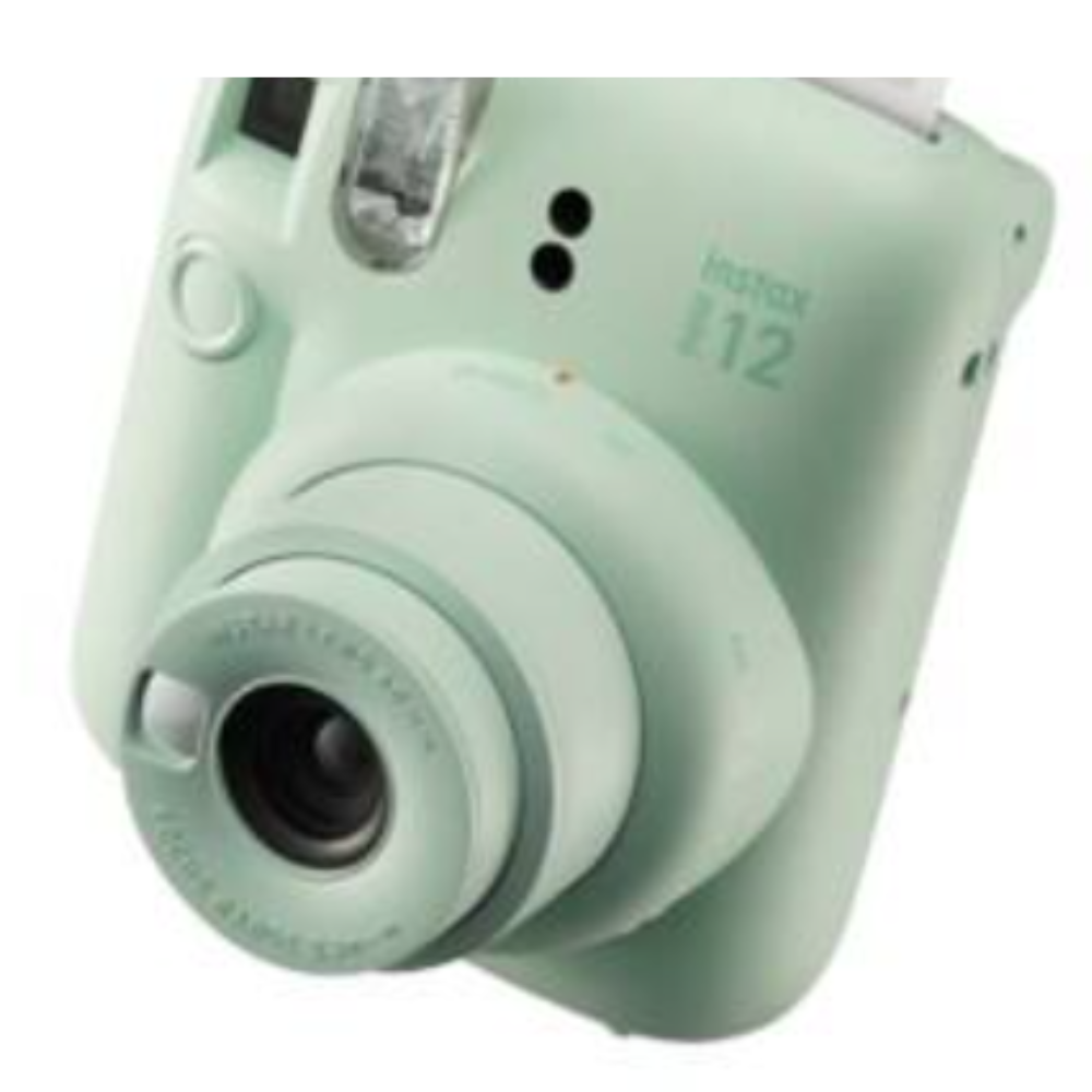Mint instax Mini 12 instant camera angled view, lens and grip controls