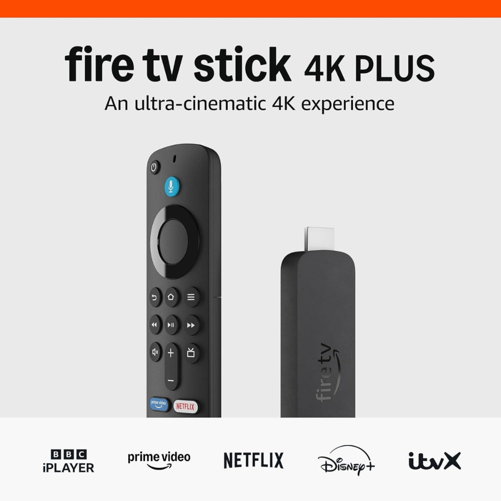 Fire TV Stick 4K Plus streaming stick with remote and power plug, black