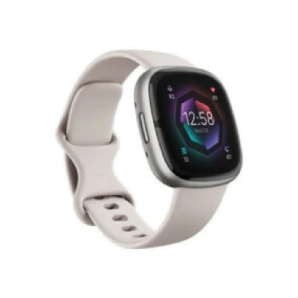 Fitness smartwatch with light gray silicone band, square display, side button detail