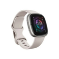 Fitness smartwatch with light gray silicone band, square display, side button detail