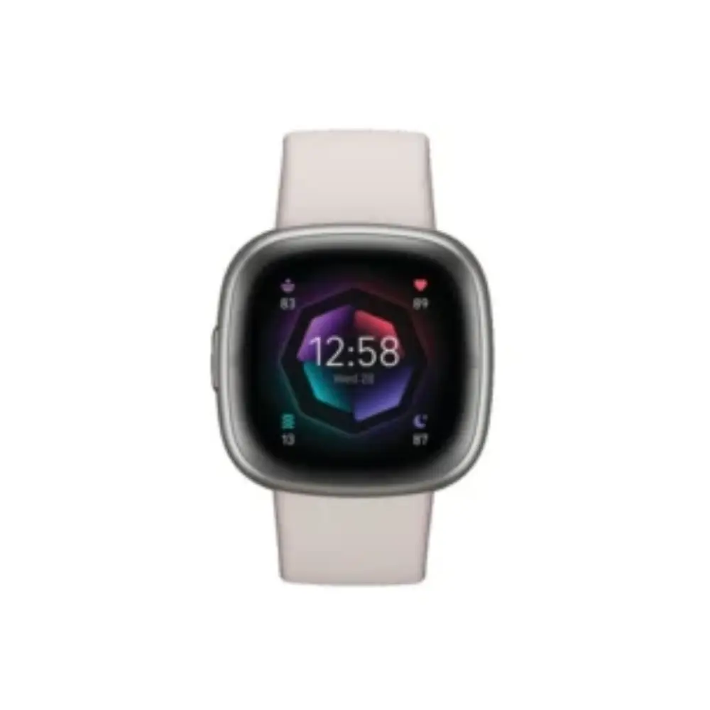 Fitness smartwatch with light gray silicone band and black square touchscreen