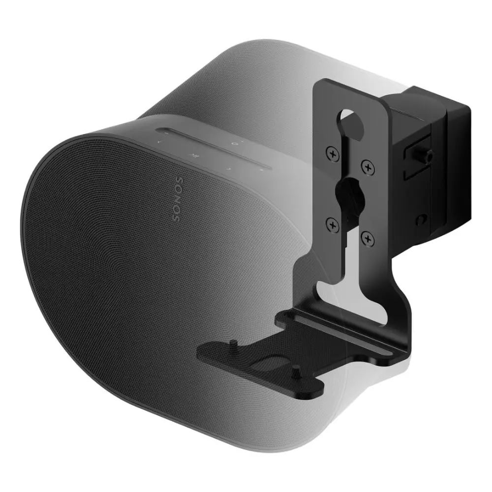 Flexson single wall mount in black, brackets attached to a speaker