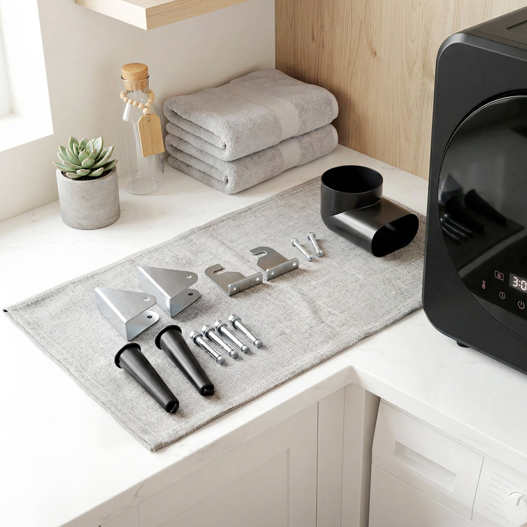 Black tumble dryer with included installation tools and vent parts on a mat
