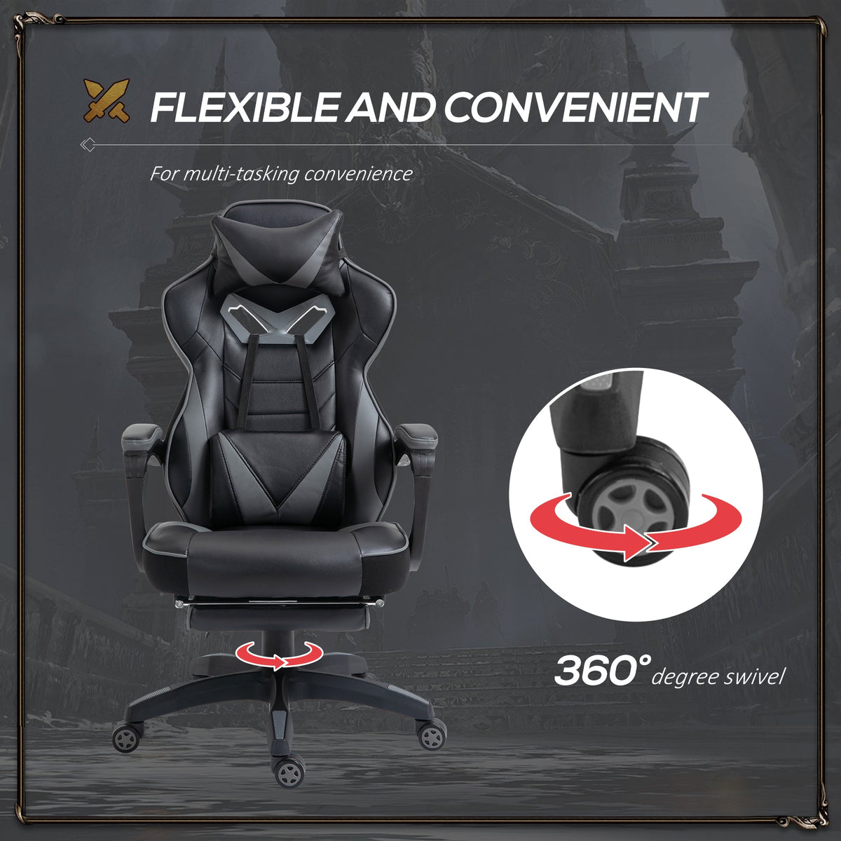 Swivel gaming chair with headrest and lumbar support; 360-degree turn function, dark grey PU
