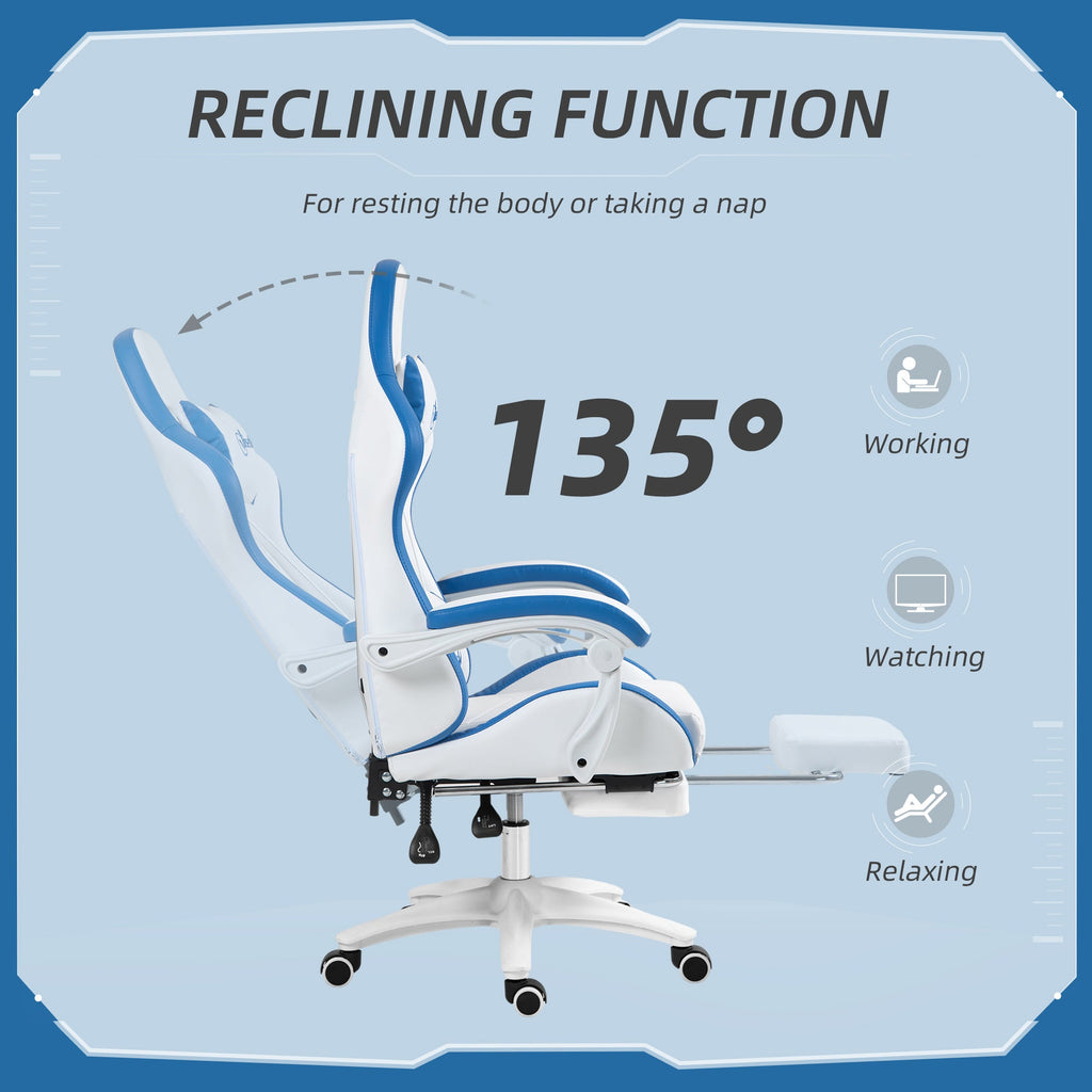 White and blue reclining gaming chair with footrest; 135° reclining back shown