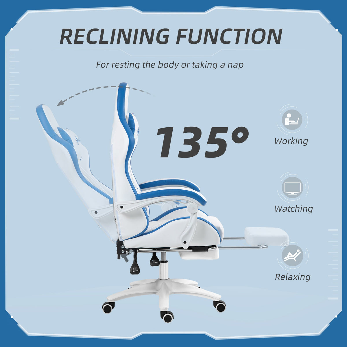 White and blue reclining gaming chair with footrest; 135° reclining back shown
