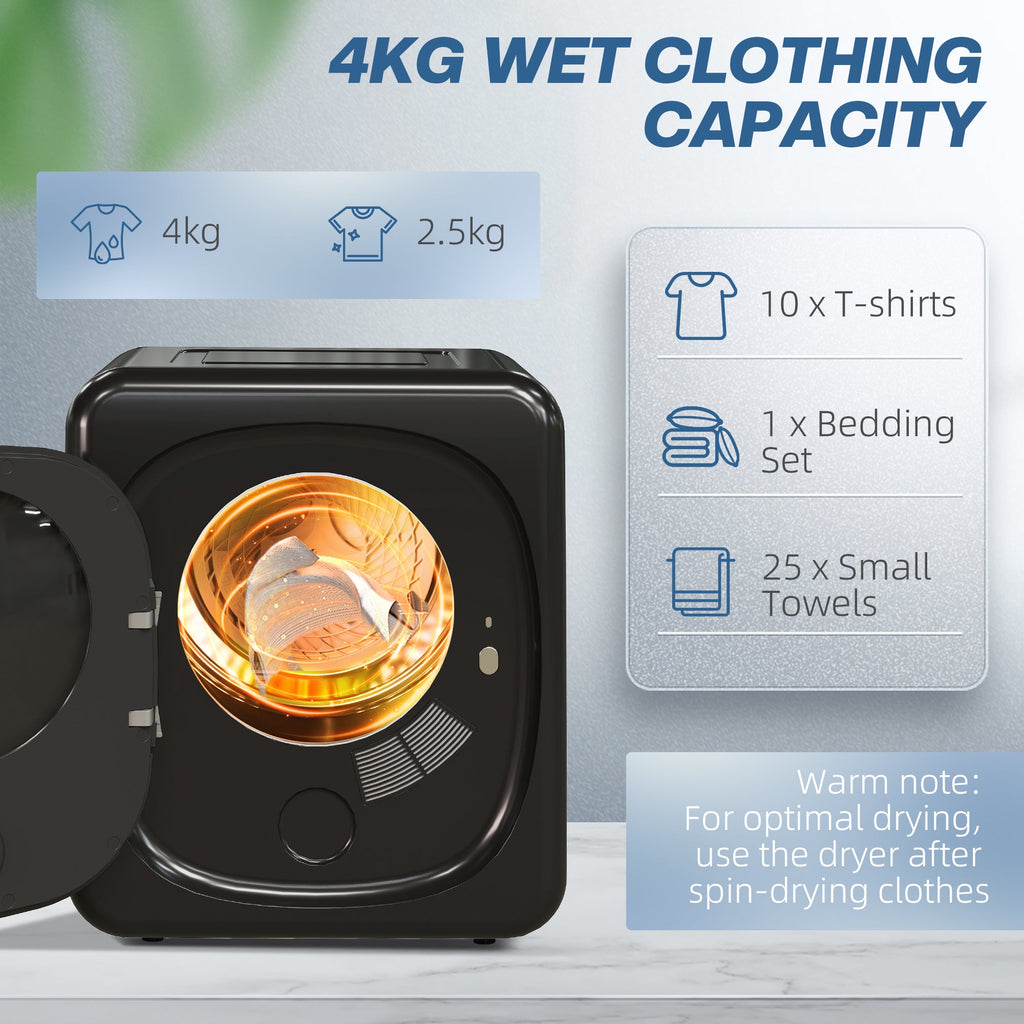 Black front-load tumble dryer with open drum and warm interior light