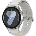 Samsung Galaxy Watch7 44mm LTE watch with silver case, black screen, and white silicone strap