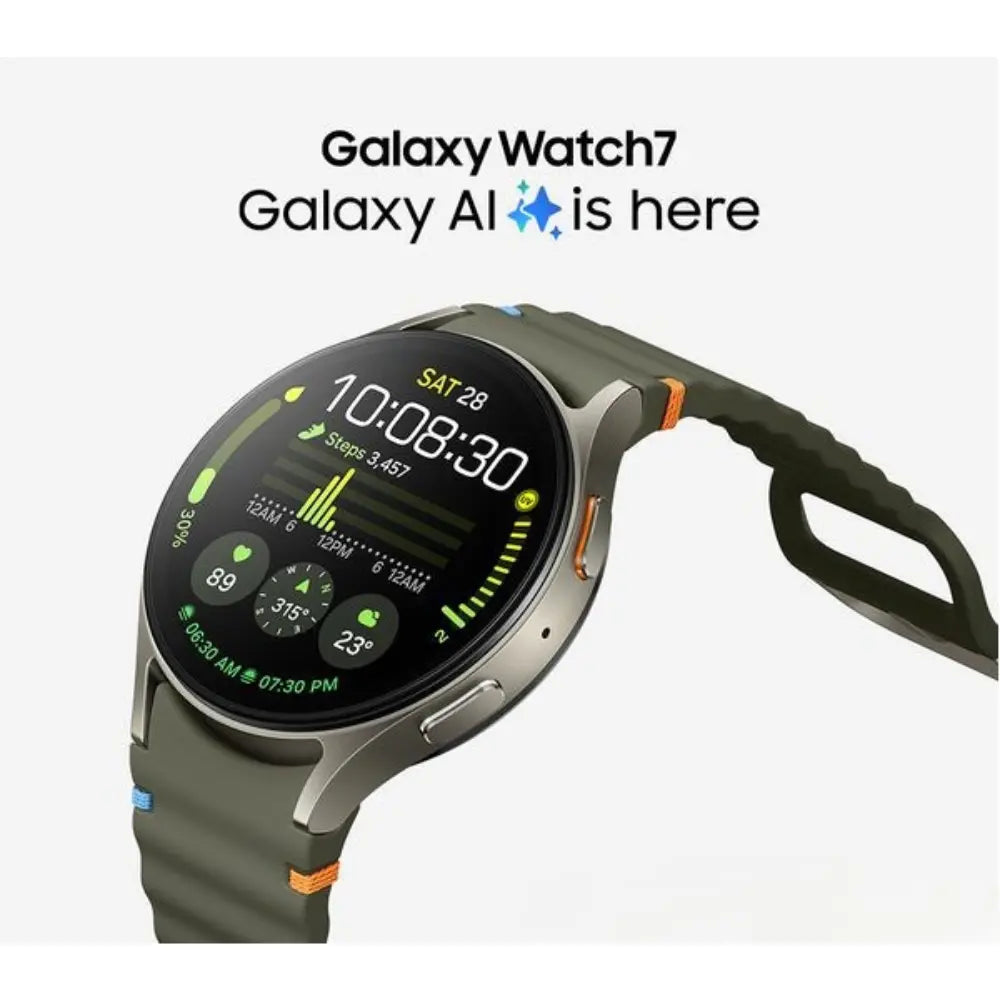 Samsung Galaxy Watch7 44mm LTE watch with silver case and dark green silicone strap