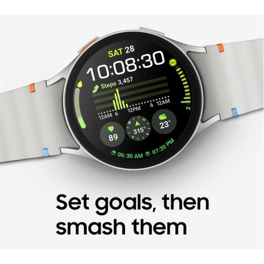 Samsung Galaxy Watch7 44mm LTE watch with silver case and dark screen on light strap