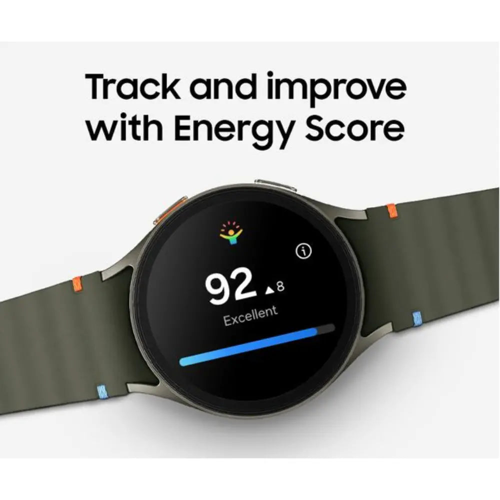 Samsung Galaxy Watch7 44mm LTE watch with dark screen showing gauge and icon, on dark green strap