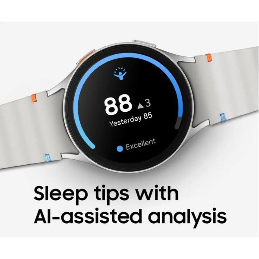 Samsung Galaxy Watch7 44mm LTE watch with dark screen, blue progress ring, on light strap