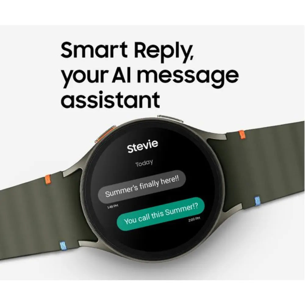 Samsung Galaxy Watch7 44mm LTE watch with dark screen showing chat bubble UI on dark green strap