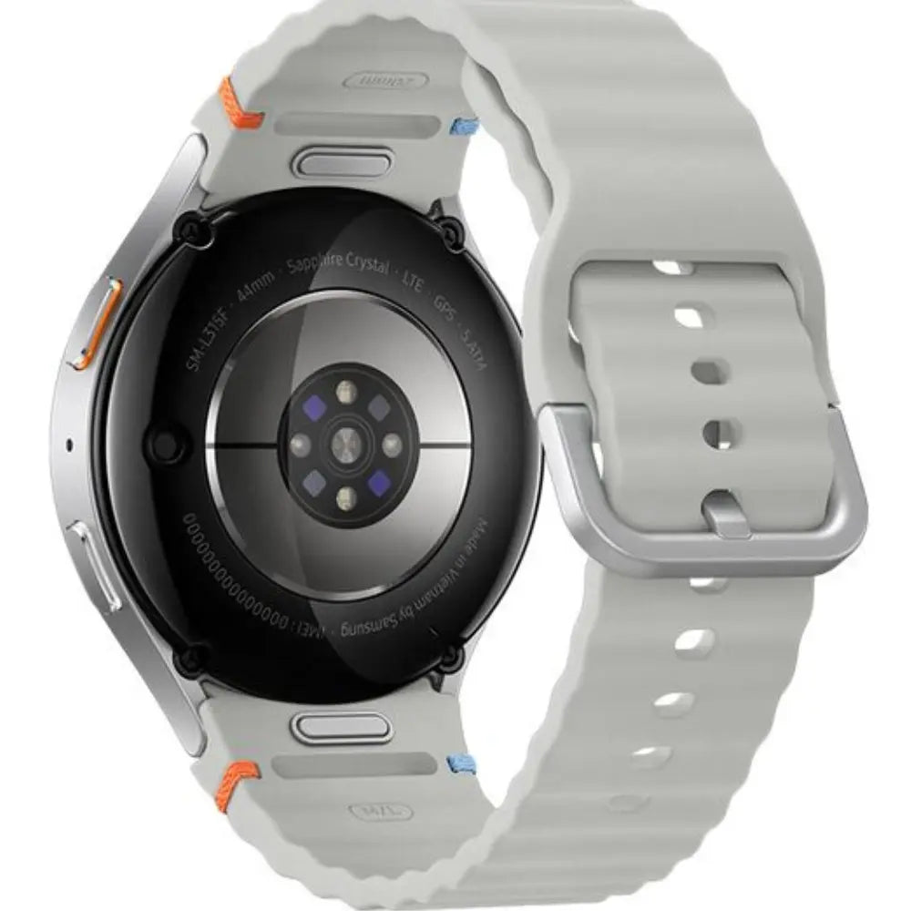Samsung Galaxy Watch7 44mm LTE watch rear view with silver back sensors and white silicone strap