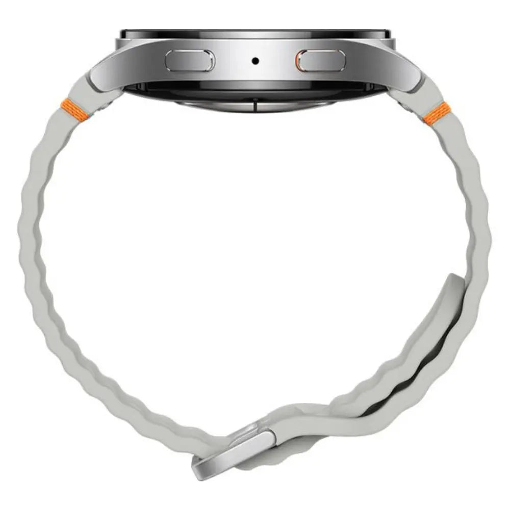Samsung Galaxy Watch7 44mm LTE watch top side with silver case and white silicone band