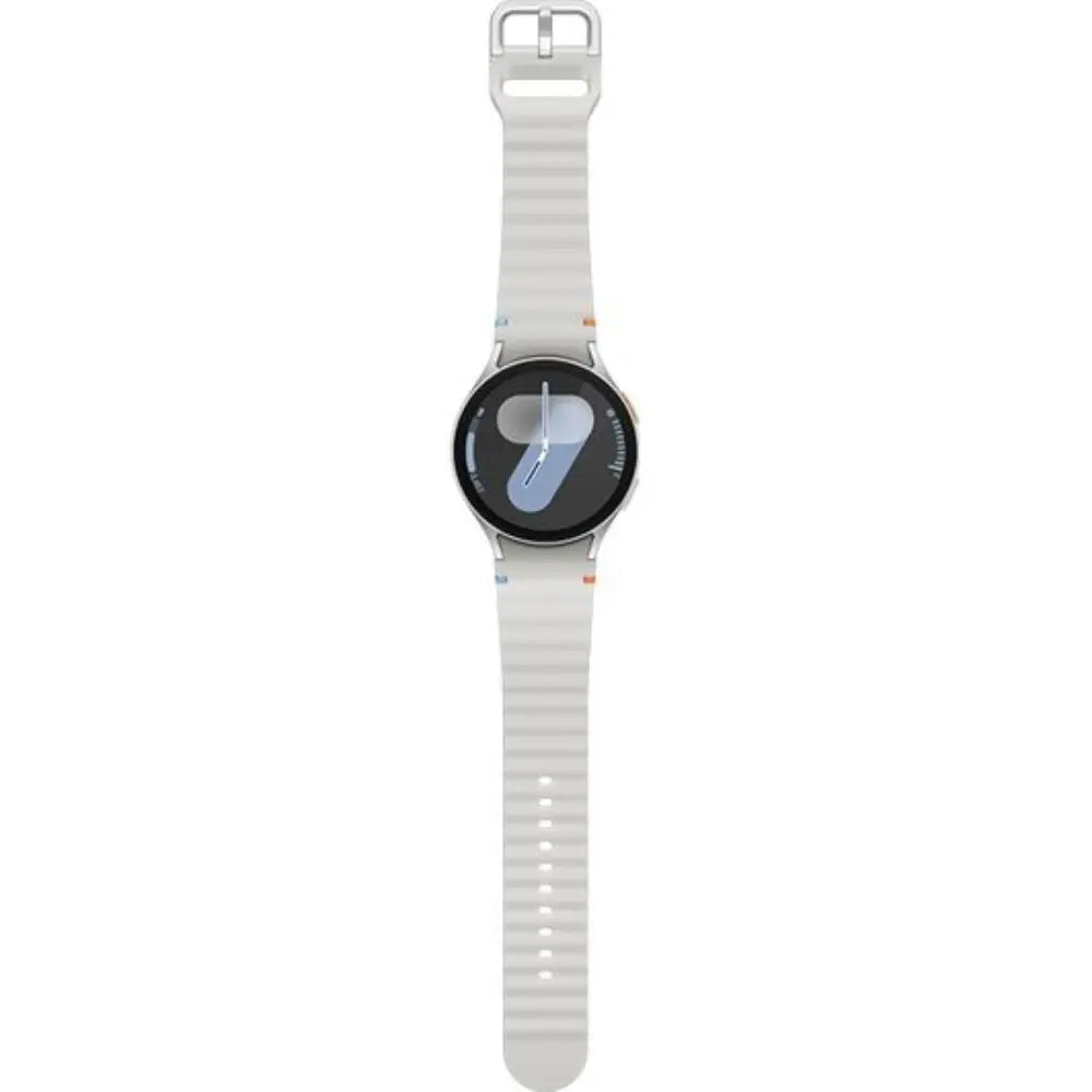 Samsung Galaxy Watch7 44mm LTE watch on white silicone strap with rectangular clasp