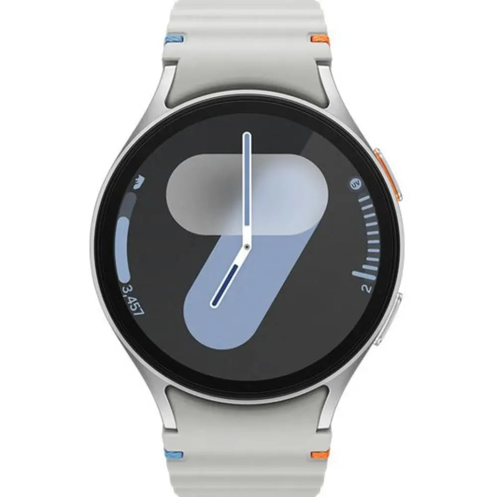 Samsung Galaxy Watch7 44mm LTE watch close-up with silver bezel, black screen, and white strap