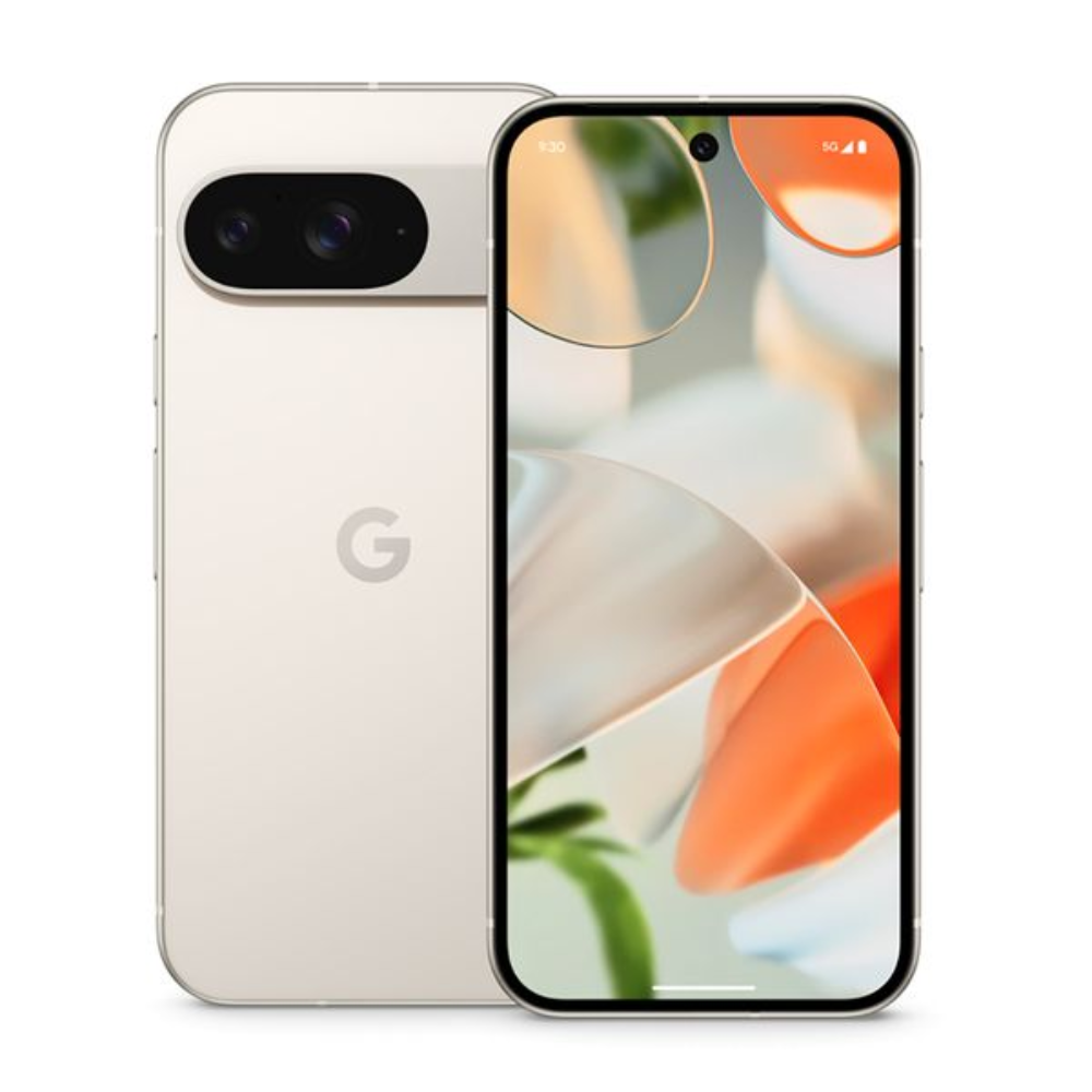 Google Pixel 9 phone in porcelain, front and back view with dual rear cameras