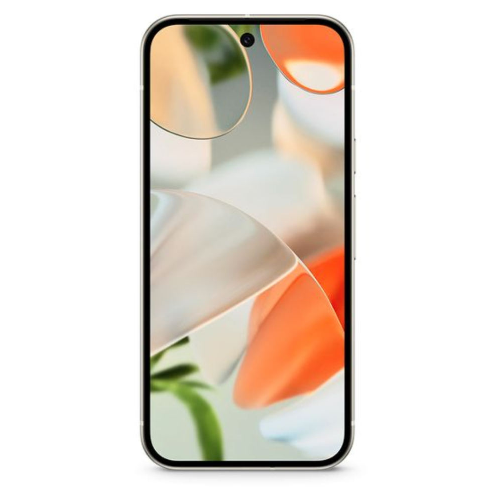 Google Pixel 9 phone in porcelain, front view showing colorful home screen