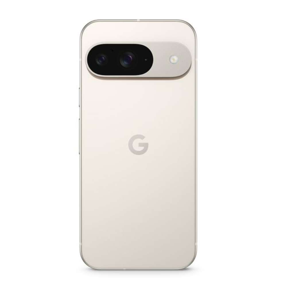 Google Pixel 9 phone in porcelain, back view with dual camera bar