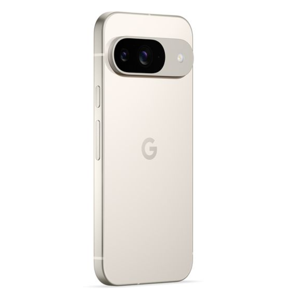 Google Pixel 9 phone in porcelain, angled back view with dual rear cameras