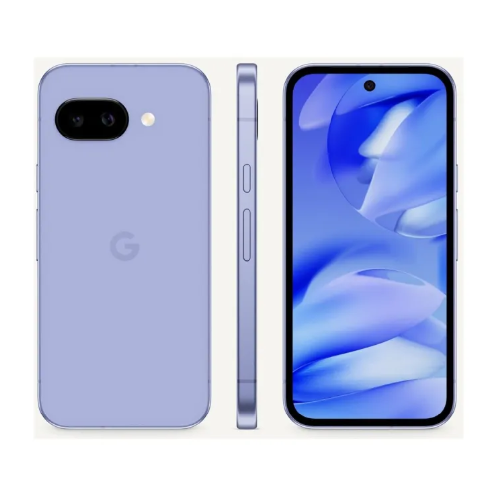 GOOGLE Pixel 9A smartphone in Iris color, back and side views with USB-C port
