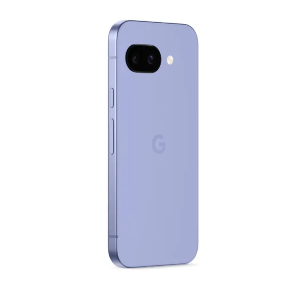 GOOGLE Pixel 9A smartphone back view in Iris color, dual camera module and flash