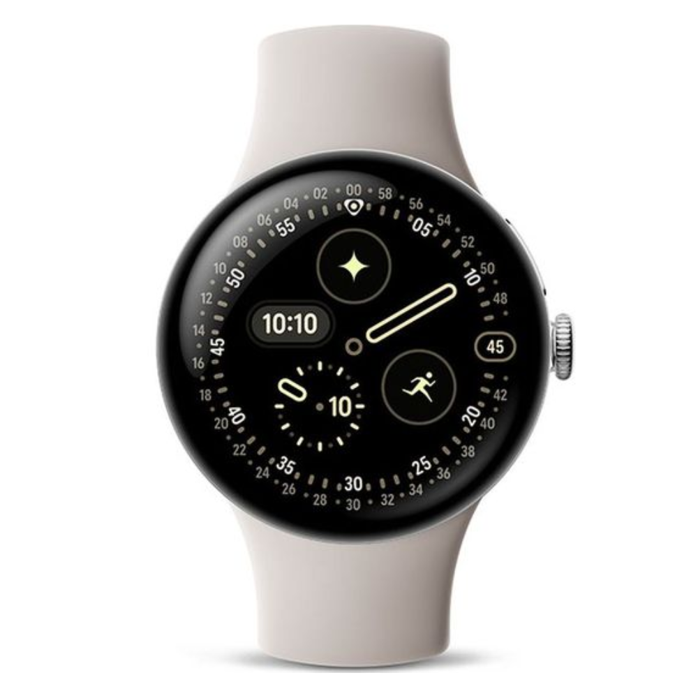 Porcelain silver 45mm LTE smartwatch, black watch face showing 10:10