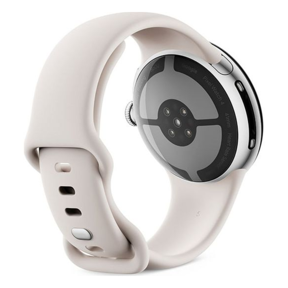 Porcelain silver 45mm LTE smartwatch back view, round sensor module on case