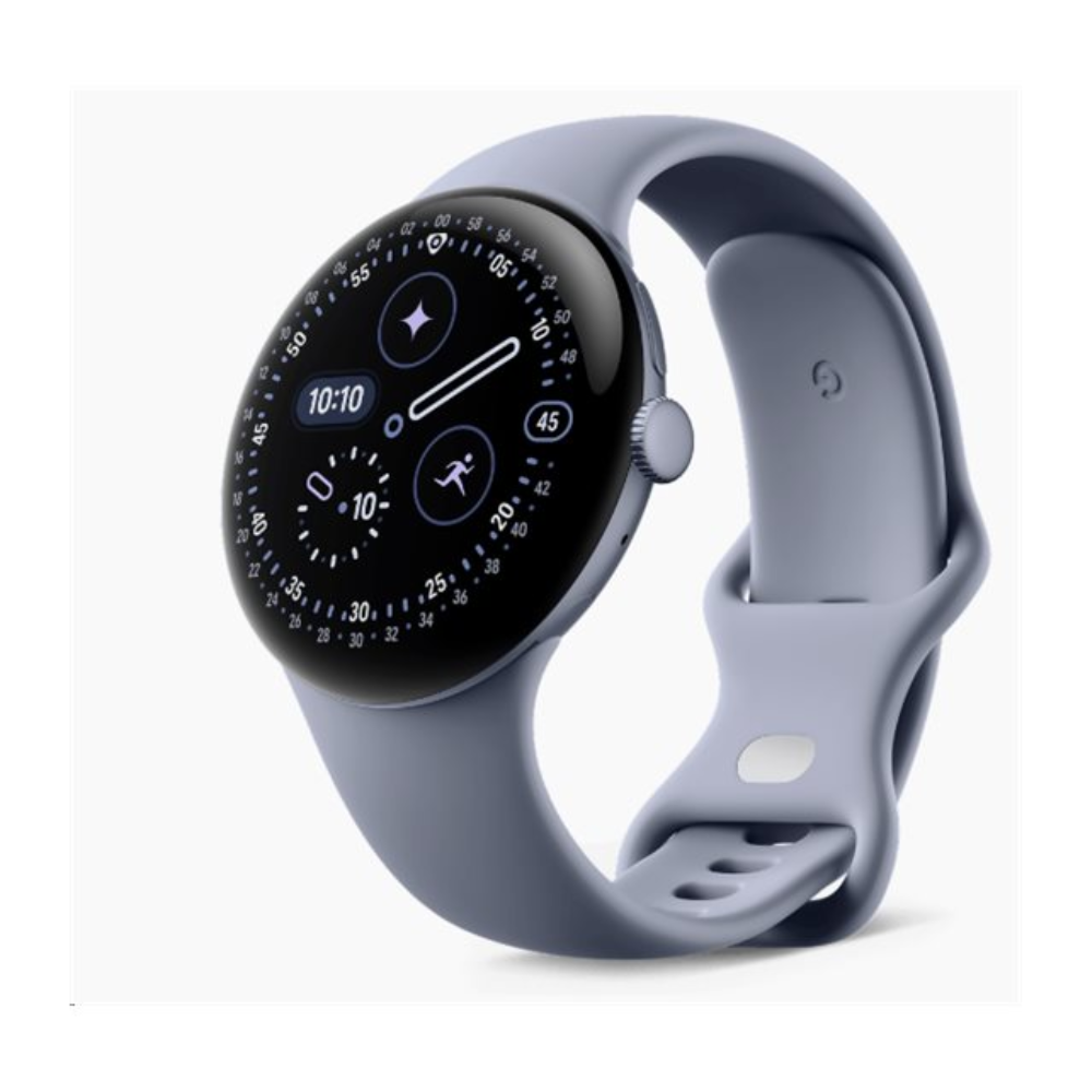 Google Pixel Watch 4 45mm smartwatch in moonstone blue, round display with apps