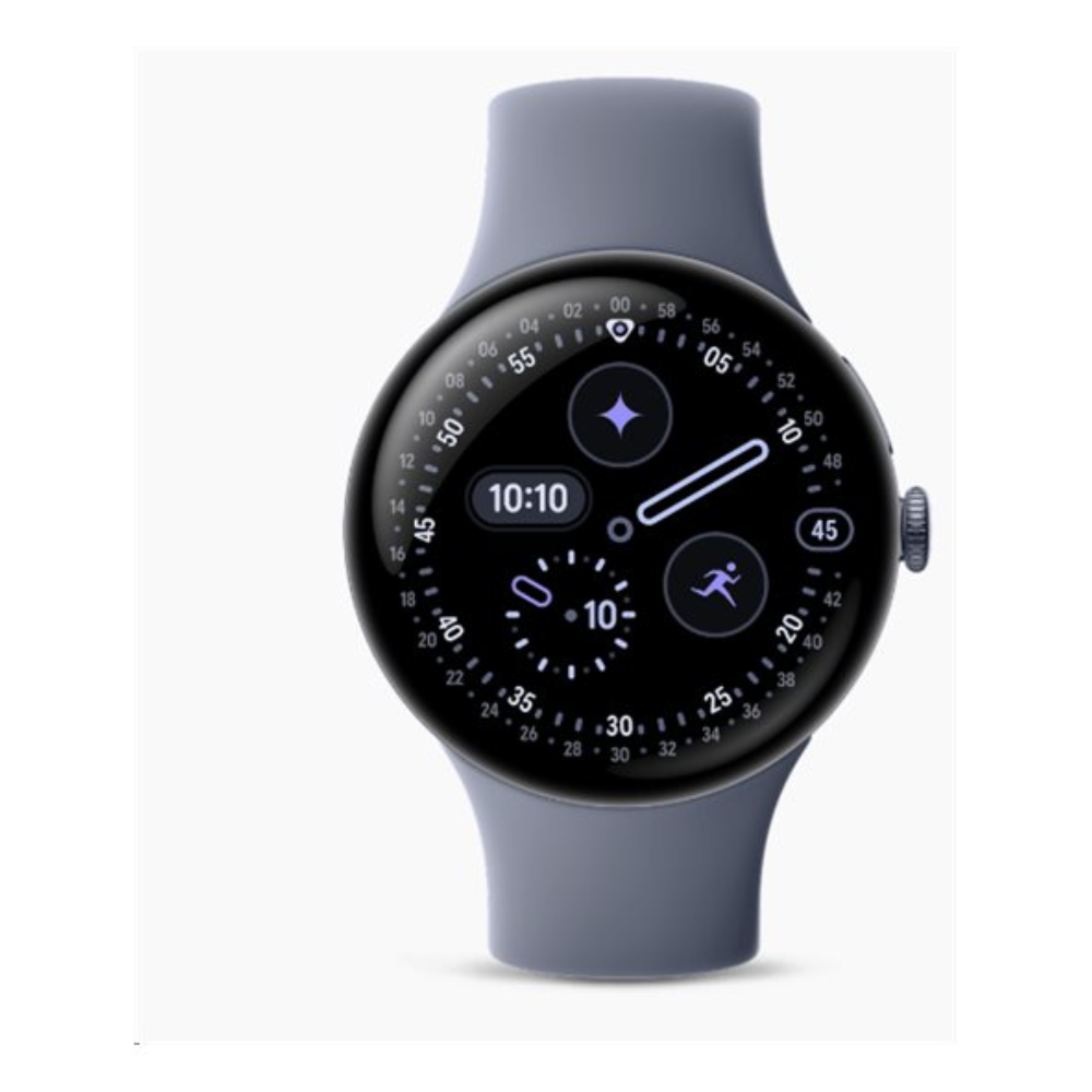 Google Pixel Watch 4 45mm smartwatch with moonstone blue band, round black watch face