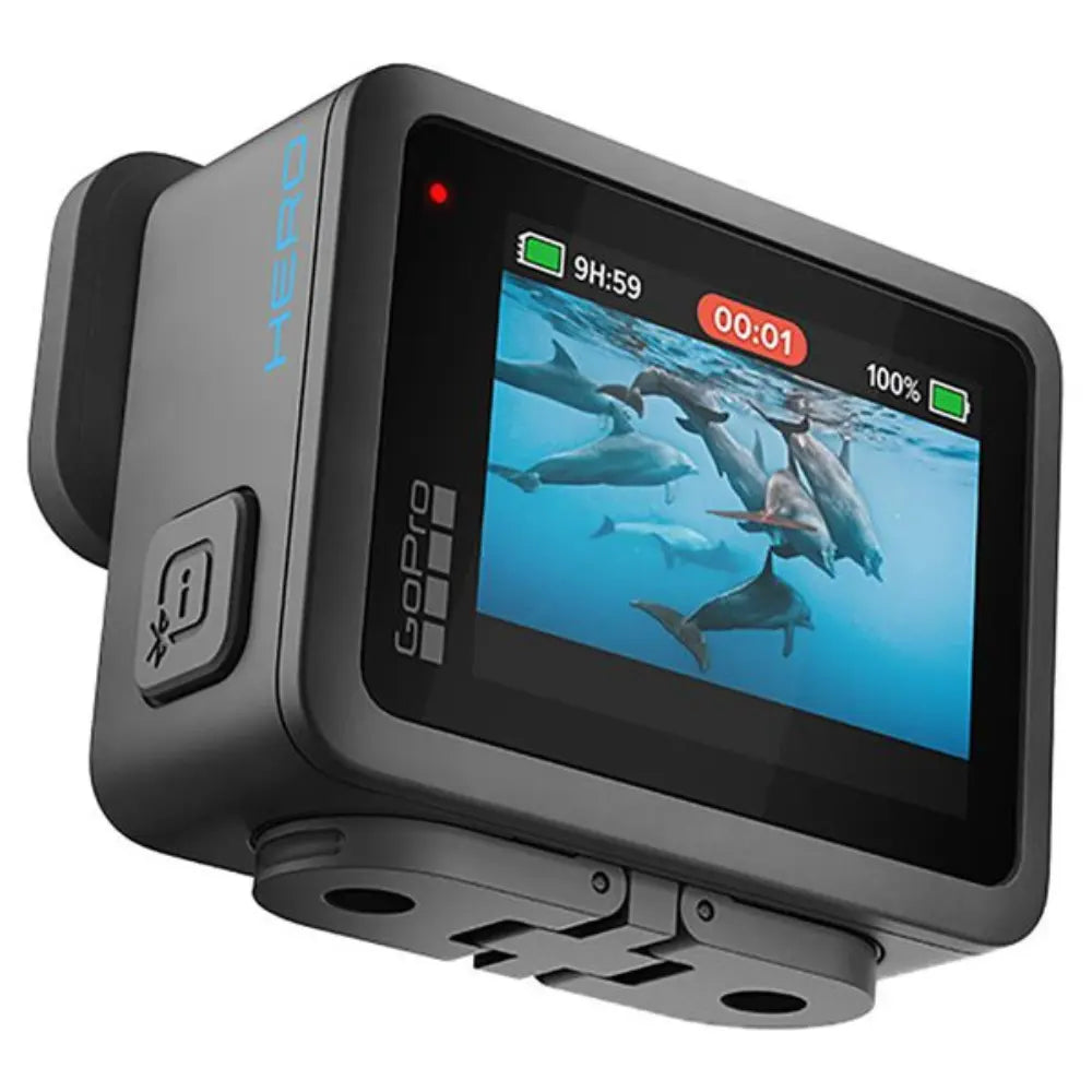 GoPro HERO 4K action camera angled, LCD and side buttons, mounting base visible