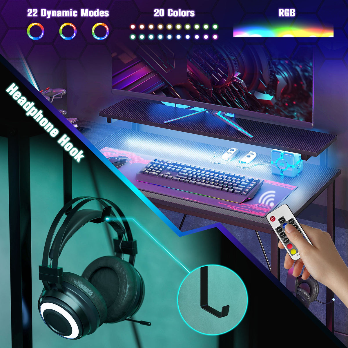 Black desktop with RGB LED light strip, keyboard, mouse, and headphone on desk.