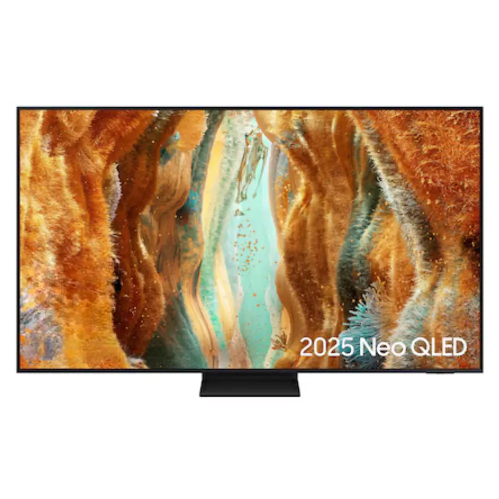 85-inch Neo QLED smart TV with colorful abstract screen, slim black bezel and stand