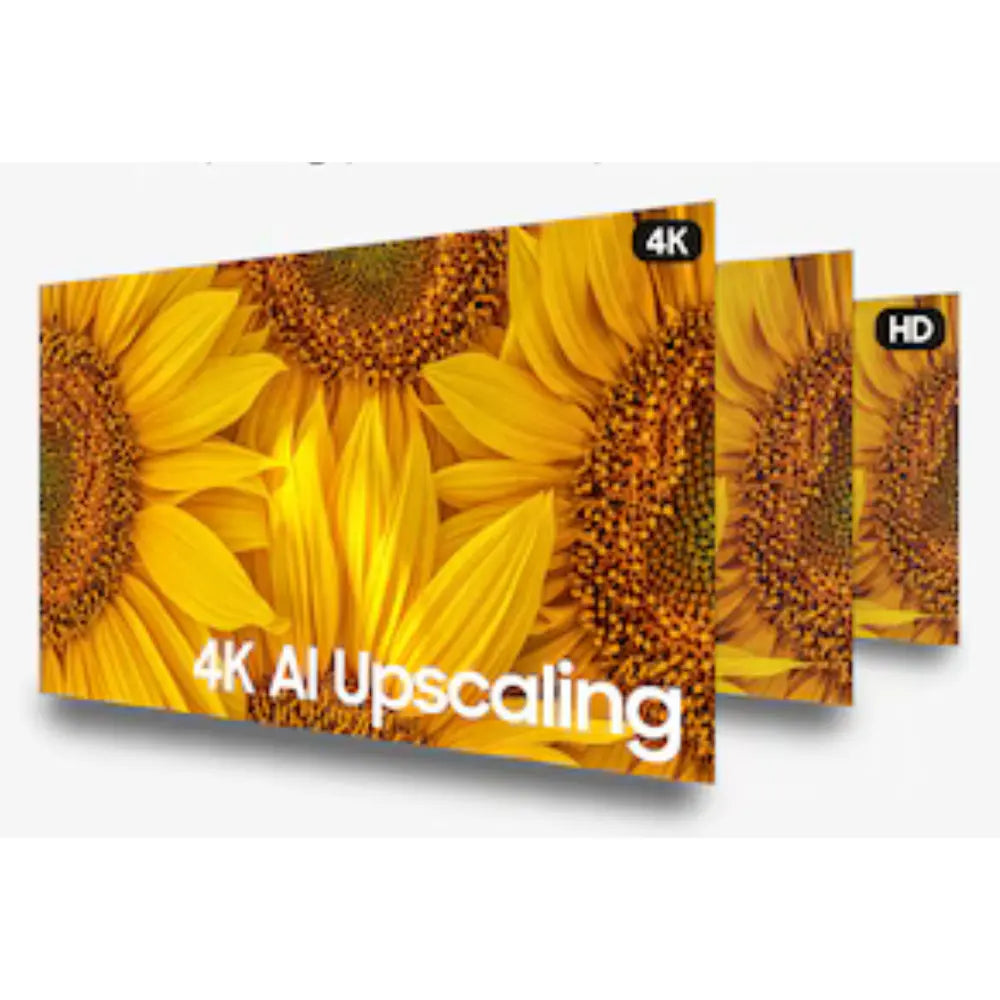 85-inch TV display with yellow sunflower image and 4K AI Upscaling label