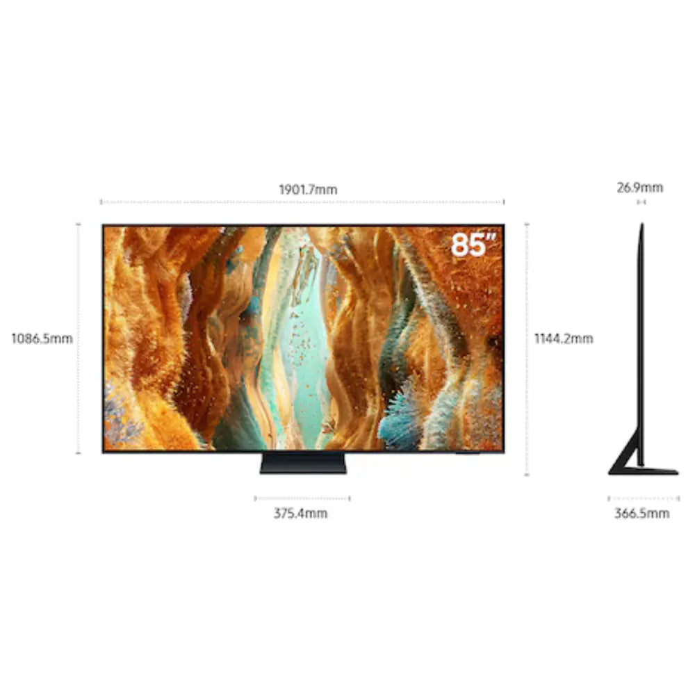 85-inch TV size diagram showing front dimensions and thin black stand profile