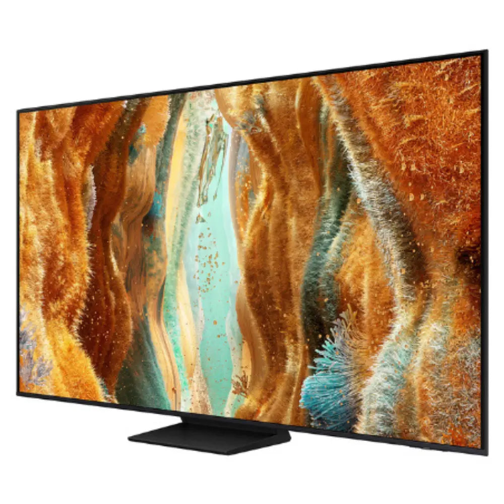 85-inch Neo QLED smart TV with abstract artwork on screen, black bezel and base