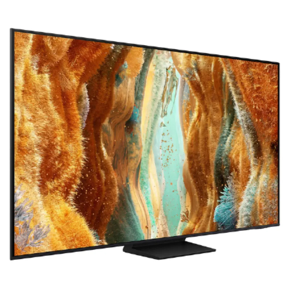 85-inch flat-screen TV with colorful abstract display and slim black stand